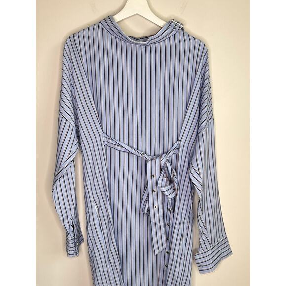 Tibi Striped Long Sleeve Belted Midi Shirt Dress Blue / White Women's Size 2 - Picture 3 of 12